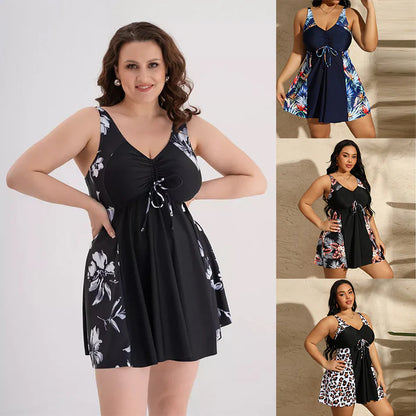 Women's Printed V-Neck Swimdress with Built-In Shorts