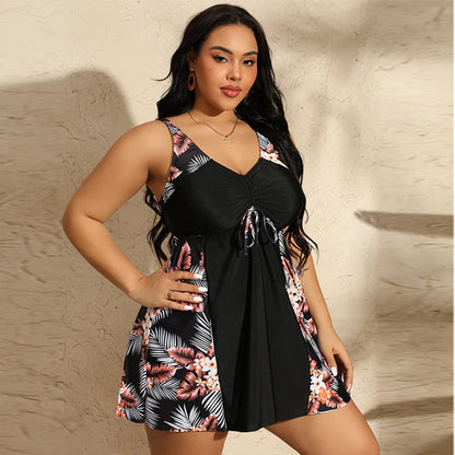 Women's Printed V-Neck Swimdress with Built-In Shorts