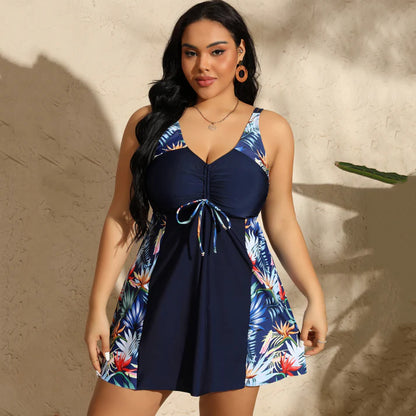 Women's Printed V-Neck Swimdress with Built-In Shorts