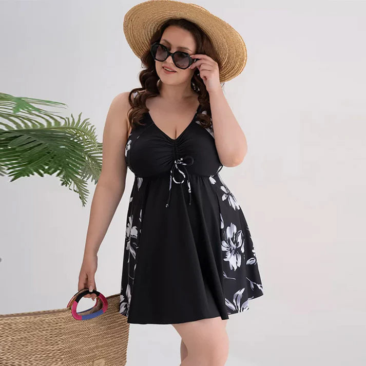 Women's Printed V-Neck Swimdress with Built-In Shorts