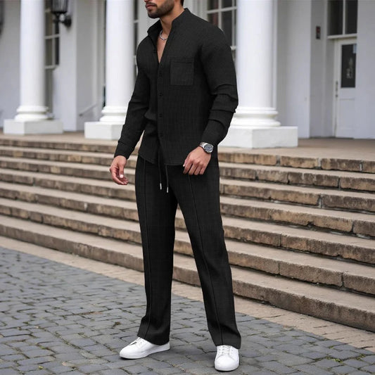 Men's Waffle Texture Button-Up Shirt and Pants Set