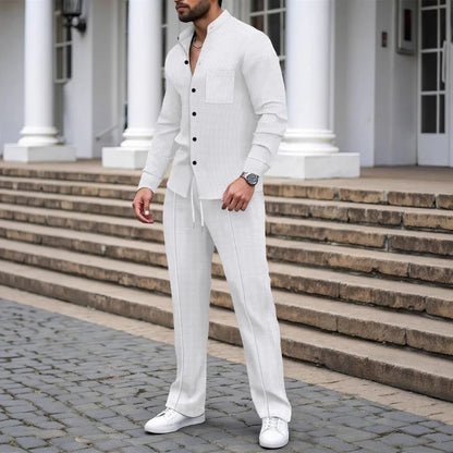 Men's Waffle Texture Button-Up Shirt and Pants Set