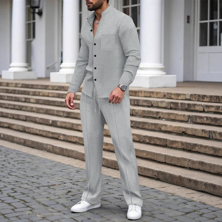 Men's Waffle Texture Button-Up Shirt and Pants Set