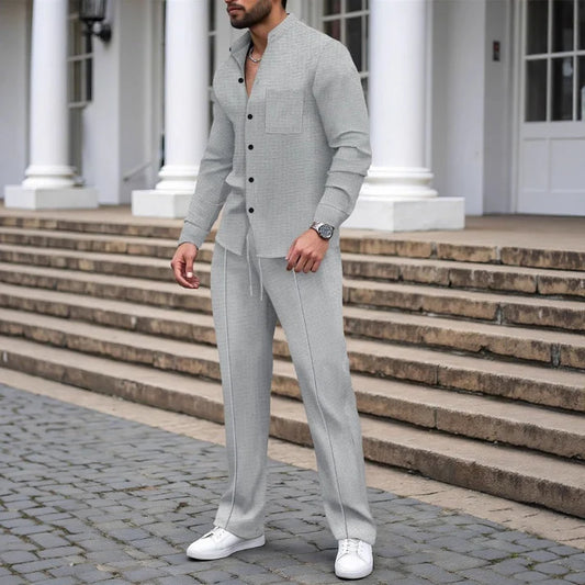 Men's Waffle Texture Button-Up Shirt and Pants Set