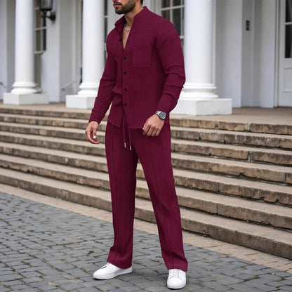 Men's Waffle Texture Button-Up Shirt and Pants Set