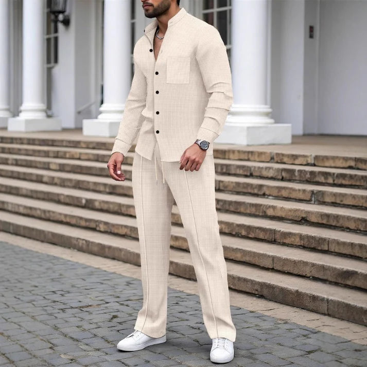 Men's Waffle Texture Button-Up Shirt and Pants Set