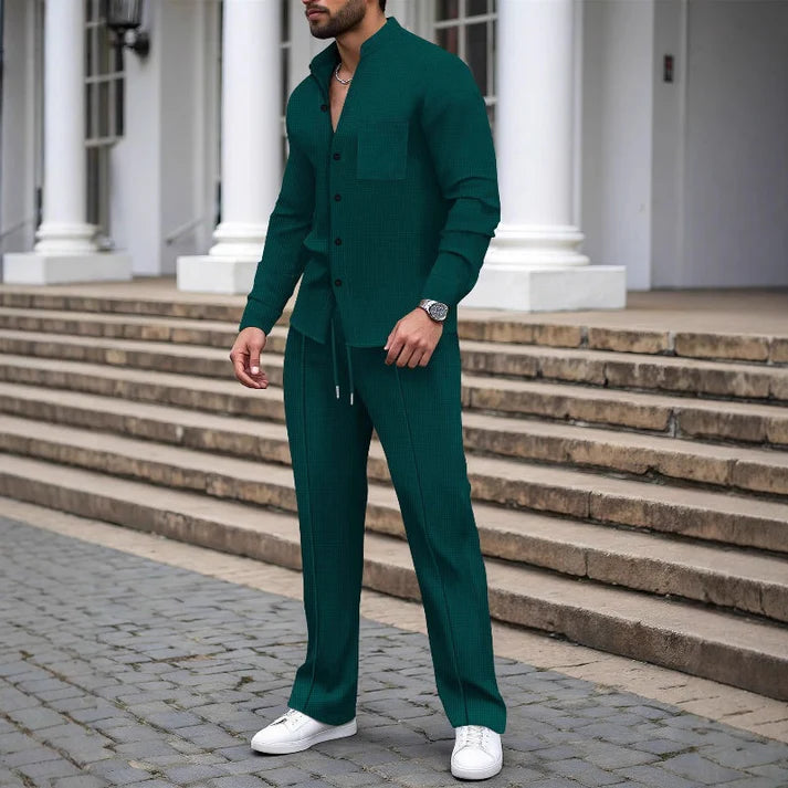 Men's Waffle Texture Button-Up Shirt and Pants Set