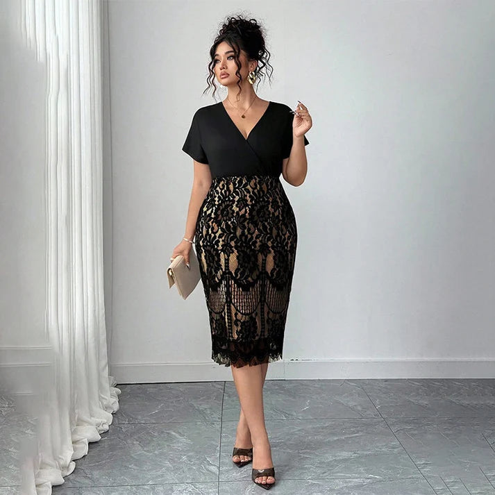 Women's V-Neck Dress with Lace Detail