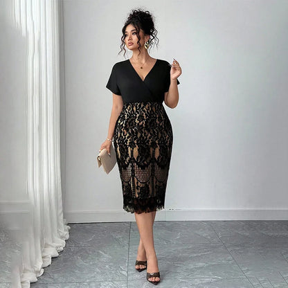 Women's V-Neck Dress with Lace Detail