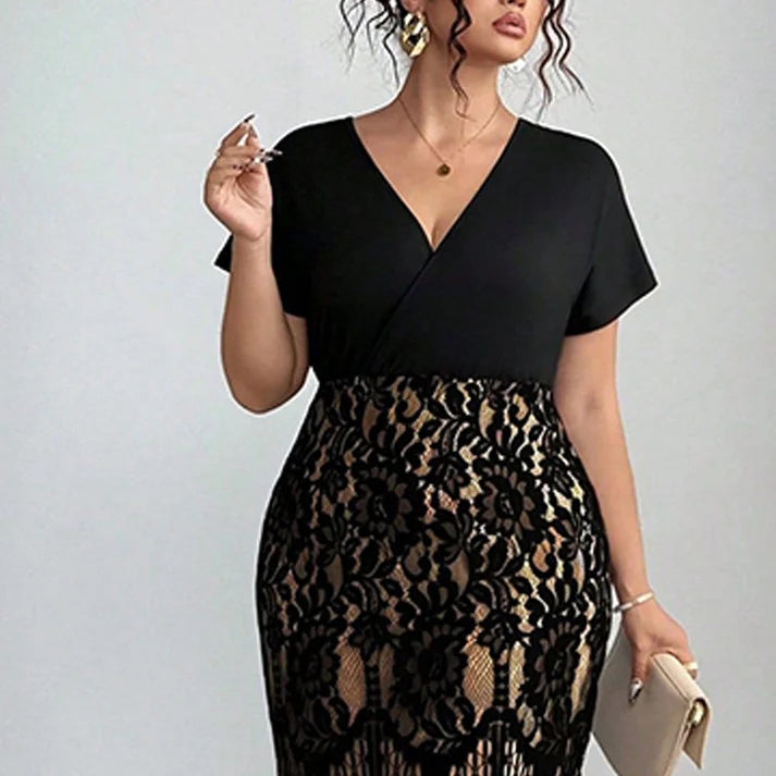 Women's V-Neck Dress with Lace Detail