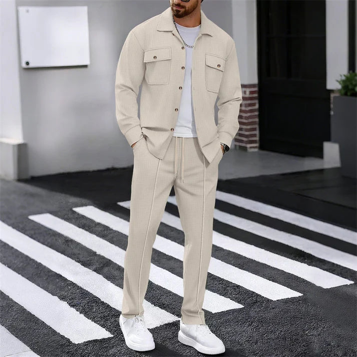 Men's Textured Button-Up Jacket and Pants Set