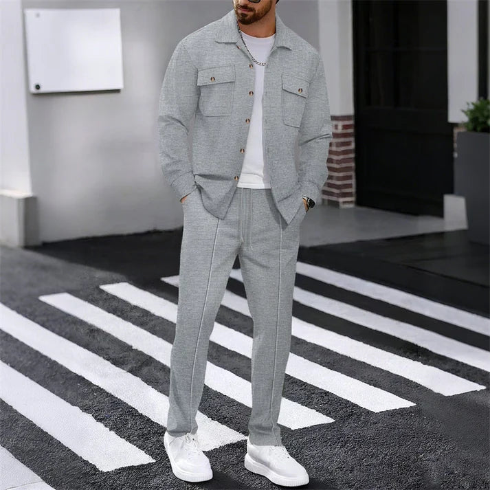 Men's Textured Button-Up Jacket and Pants Set
