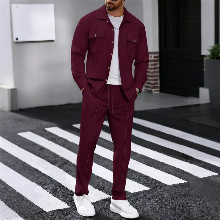 Men's Textured Button-Up Jacket and Pants Set
