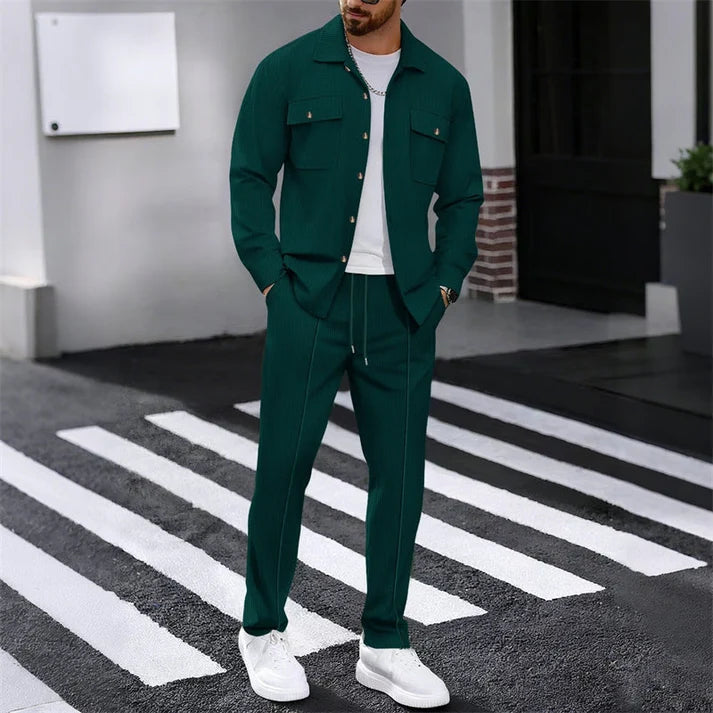 Men's Textured Button-Up Jacket and Pants Set