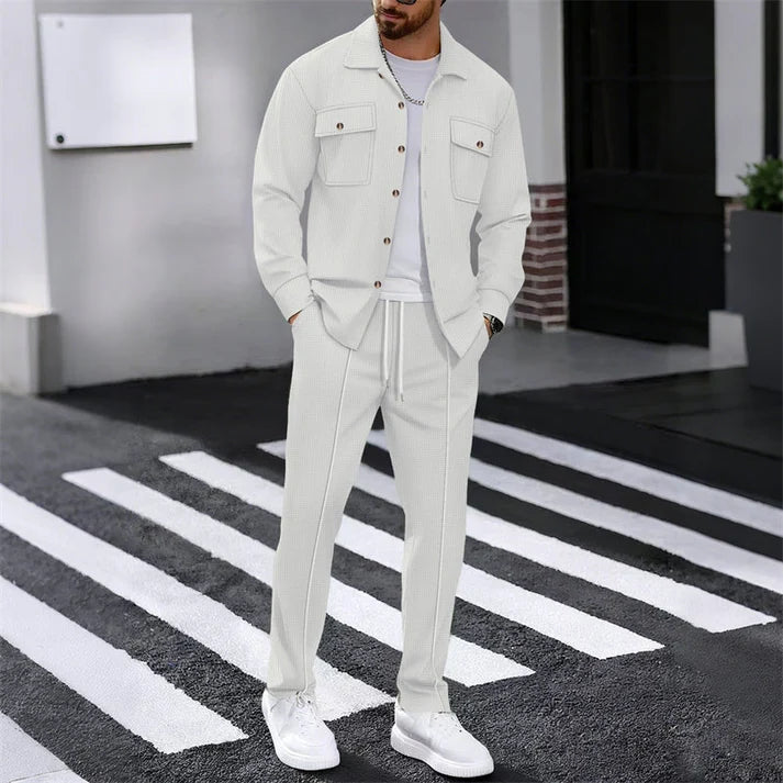 Men's Textured Button-Up Jacket and Pants Set