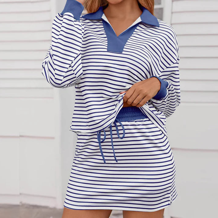 Women's Striped Long Sleeve Top & Mini Skirt Set