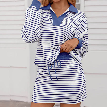 Women's Striped Long Sleeve Top & Mini Skirt Set
