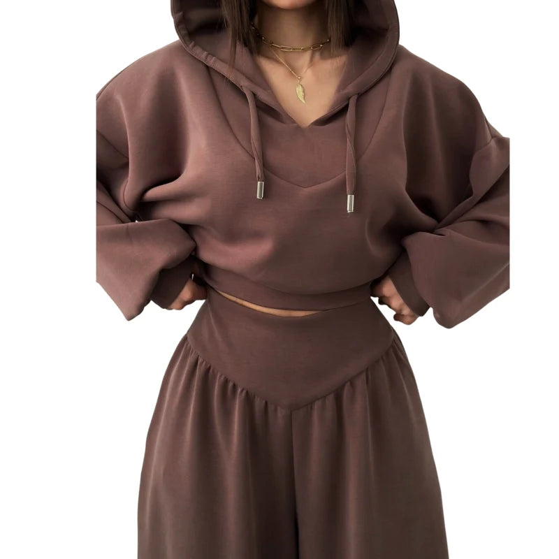 Women's V-Neck Hoodie and Wide-Leg Pants Set