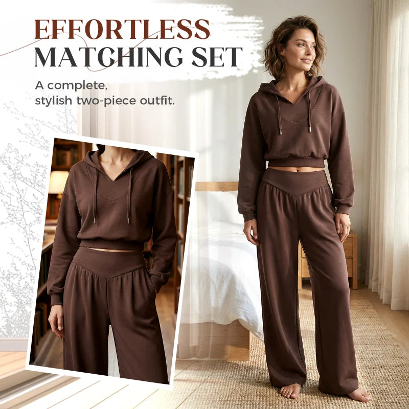 Women's V-Neck Hoodie and Wide-Leg Pants Set