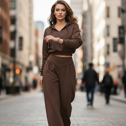 Women's V-Neck Hoodie and Wide-Leg Pants Set