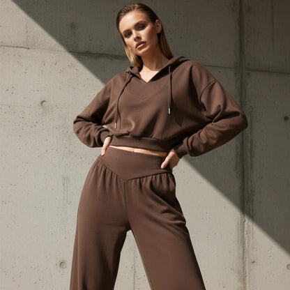 Women's V-Neck Hoodie and Wide-Leg Pants Set