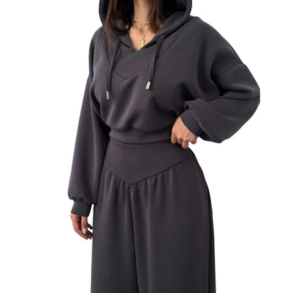 Women's V-Neck Hoodie and Wide-Leg Pants Set