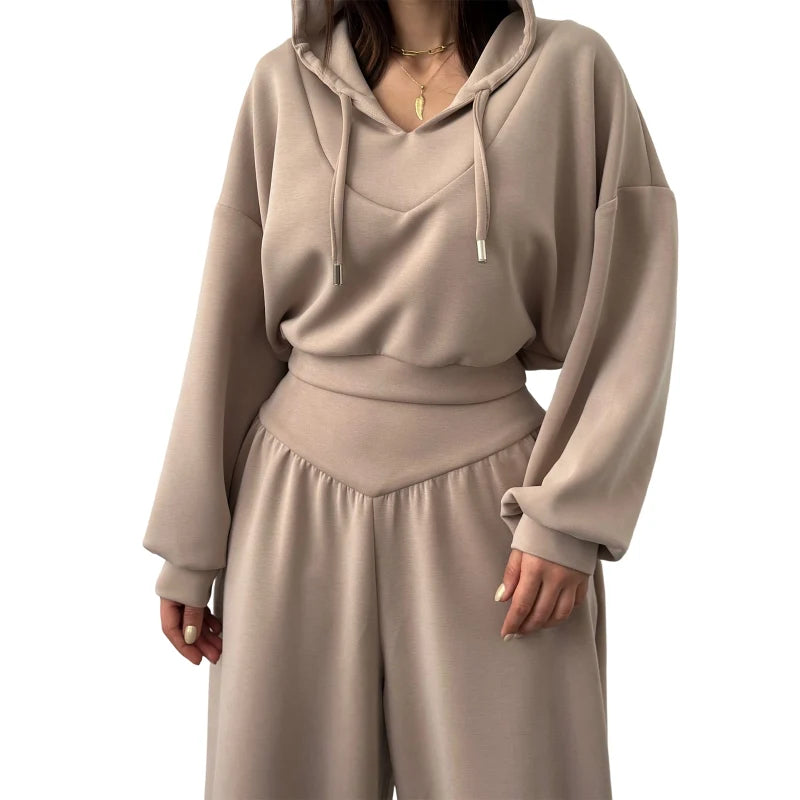 Women's V-Neck Hoodie and Wide-Leg Pants Set