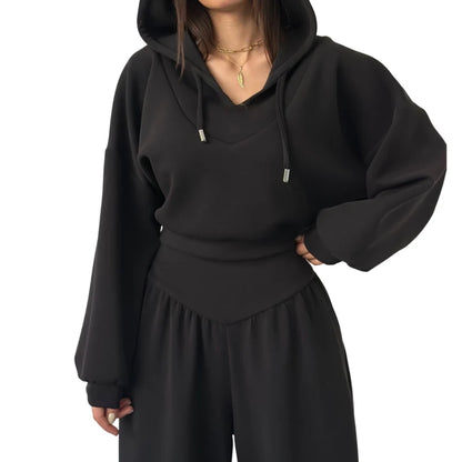 Women's V-Neck Hoodie and Wide-Leg Pants Set
