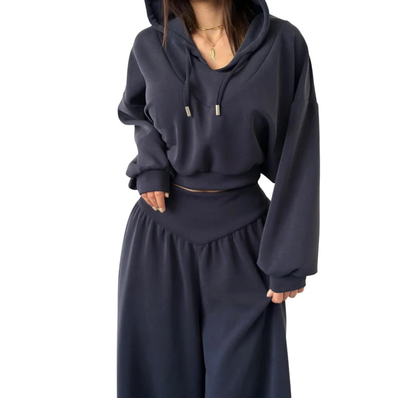 Women's V-Neck Hoodie and Wide-Leg Pants Set