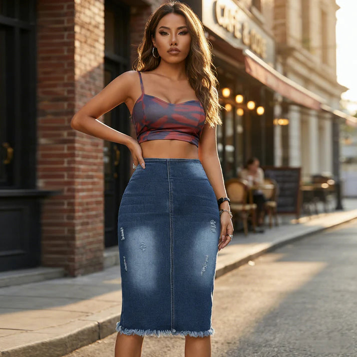 Women's High Waist Distressed Denim Midi Skirt