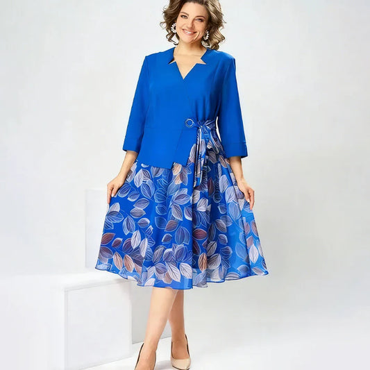 Women's Leaf Print Faux Layered Midi Dress