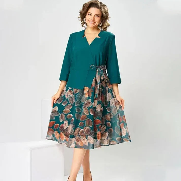Women's Leaf Print Faux Layered Midi Dress