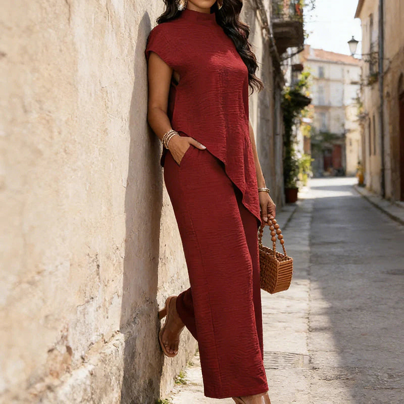 Women's Asymmetrical Hem Top & Wide-Leg Pants Set