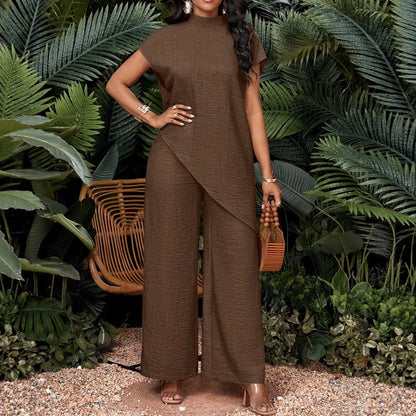Women's Asymmetrical Hem Top & Wide-Leg Pants Set
