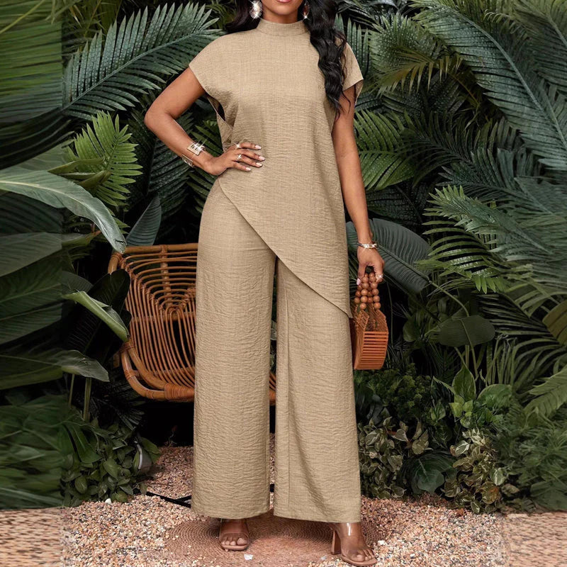 Women's Asymmetrical Hem Top & Wide-Leg Pants Set