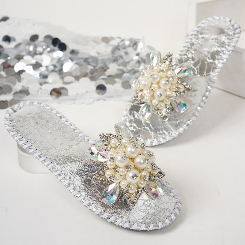 Women’s Pearl Rhinestone Embellished Flat Slide Sandals