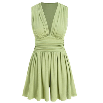 Sleeveless V-Neck Ruched Waist Romper
