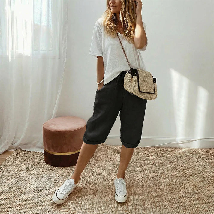 Women's Relaxed Cotton Linen Blend Drawstring Capri Pants