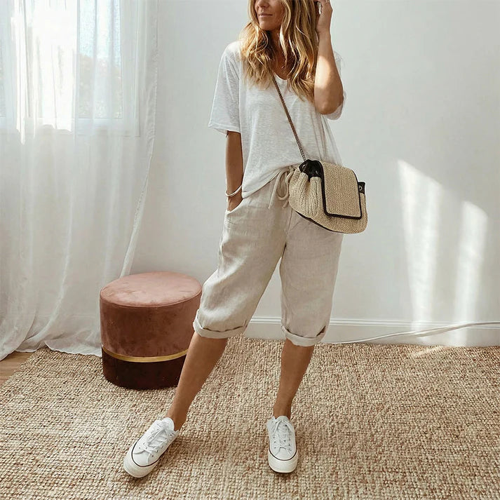 Women's Relaxed Cotton Linen Blend Drawstring Capri Pants