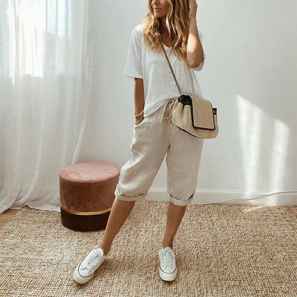 Women's Relaxed Cotton Linen Blend Drawstring Capri Pants
