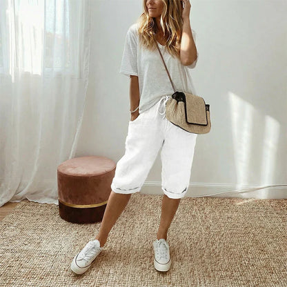 Women's Relaxed Cotton Linen Blend Drawstring Capri Pants
