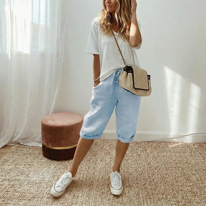 Women's Relaxed Cotton Linen Blend Drawstring Capri Pants