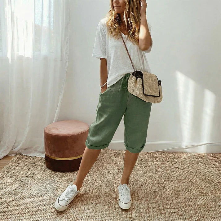 Women's Relaxed Cotton Linen Blend Drawstring Capri Pants