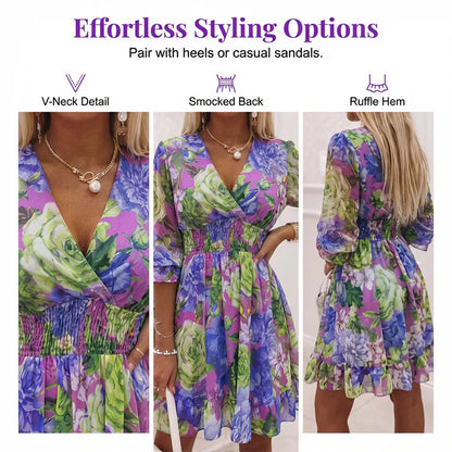 Women's Smocked Waist Printed V-Neck Dress
