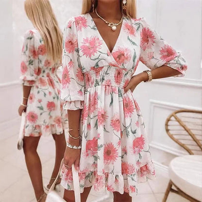 Women's Smocked Waist Printed V-Neck Dress