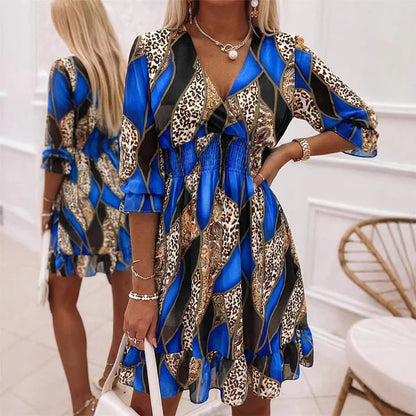 Women's Smocked Waist Printed V-Neck Dress