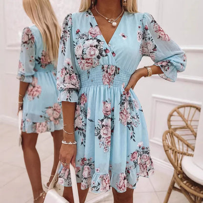 Women's Smocked Waist Printed V-Neck Dress