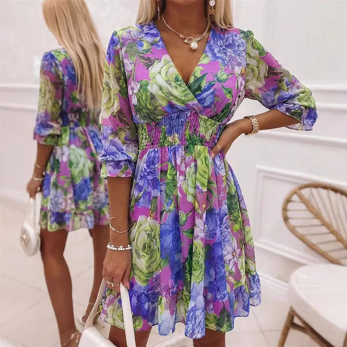 Women's Smocked Waist Printed V-Neck Dress