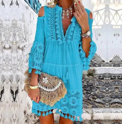 Women's Boho Embroidered Cold-Shoulder Tassel Dress
