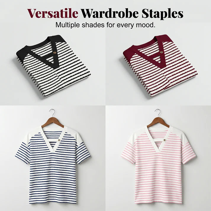 Women's Striped V-Neck Short Sleeve Top
